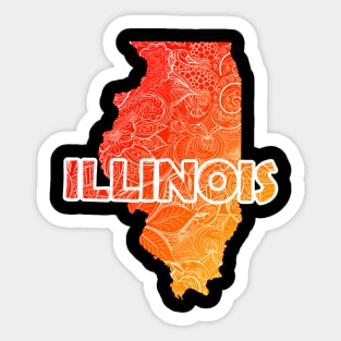 Colorful mandala art map of Illinois with text in red and orange Sticker